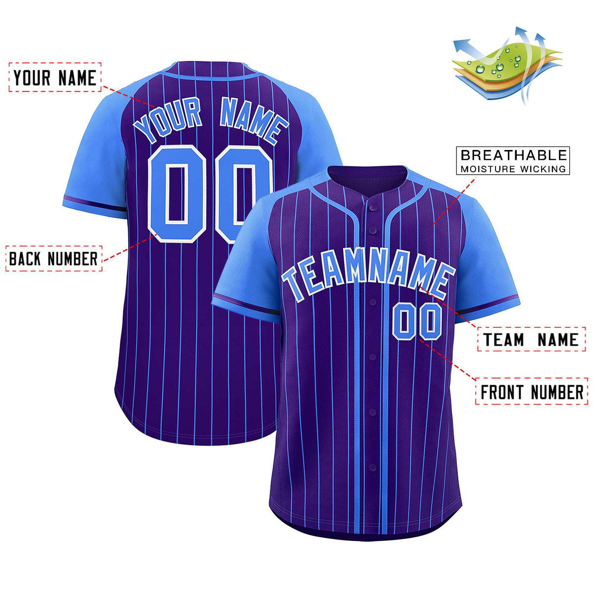 Custom Purple Powder Blue Stripe Fashion Raglan Sleeves Authentic Baseball Jersey