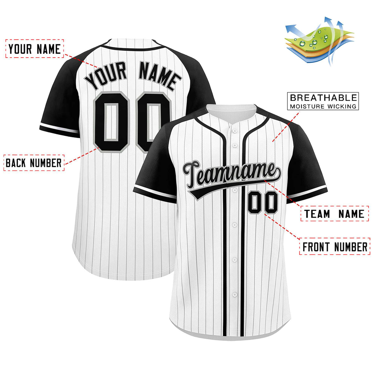 Custom White Black Stripe Fashion Raglan Sleeves Authentic Baseball Jersey