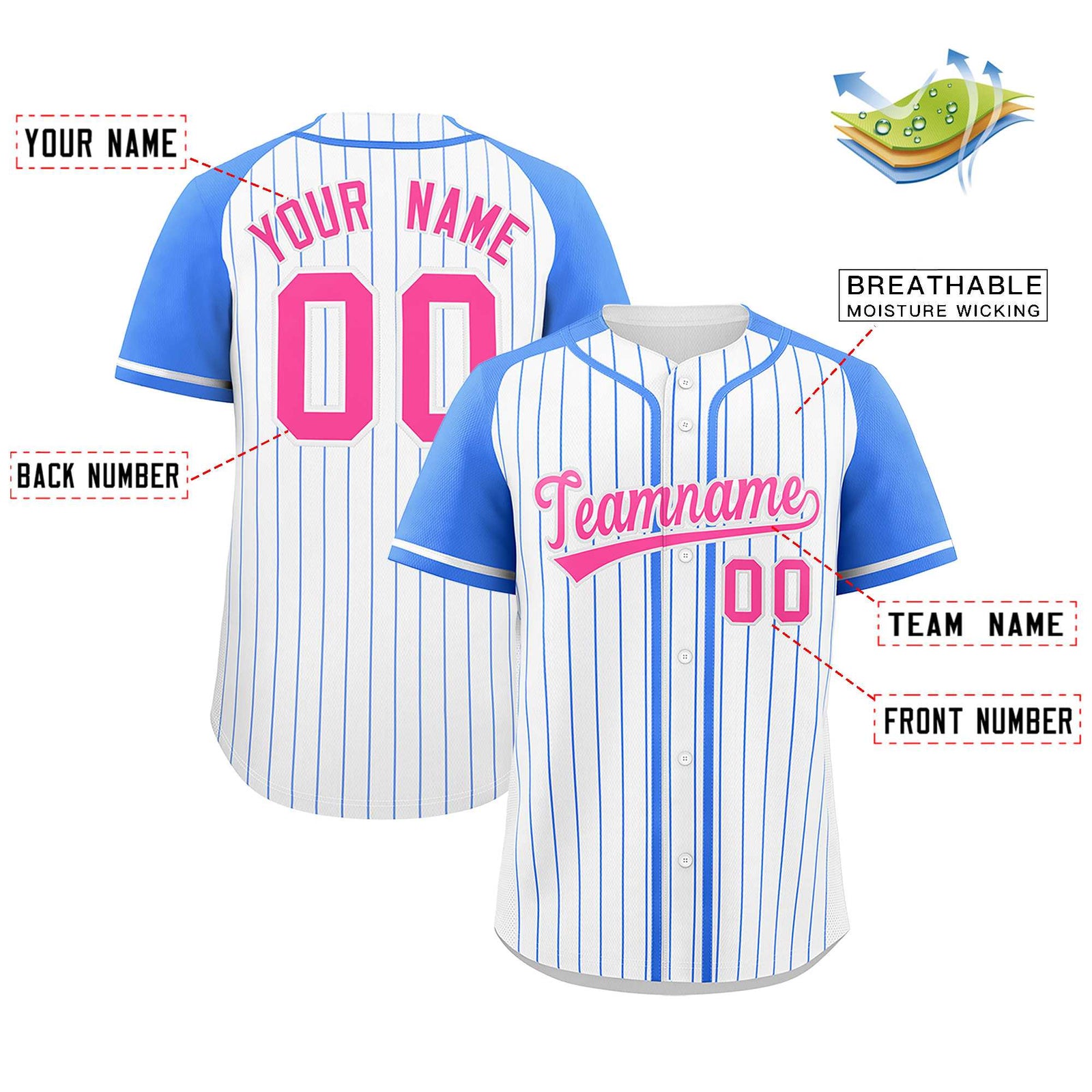 Custom White Powder Blue Stripe Fashion Raglan Sleeves Authentic Baseball Jersey