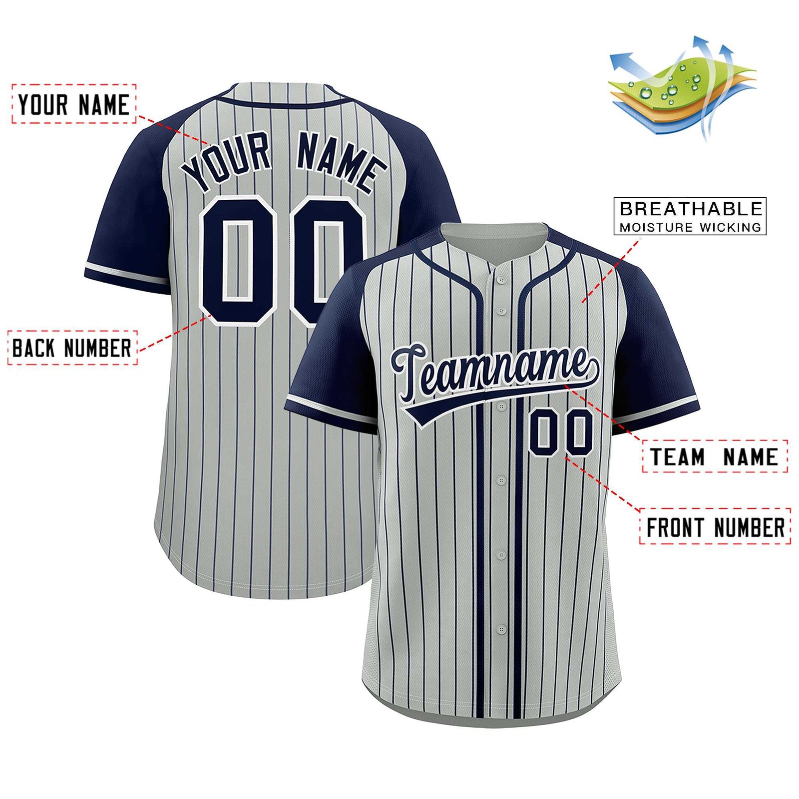 Custom Gray Navy Stripe Fashion Raglan Sleeves Authentic Baseball Jersey