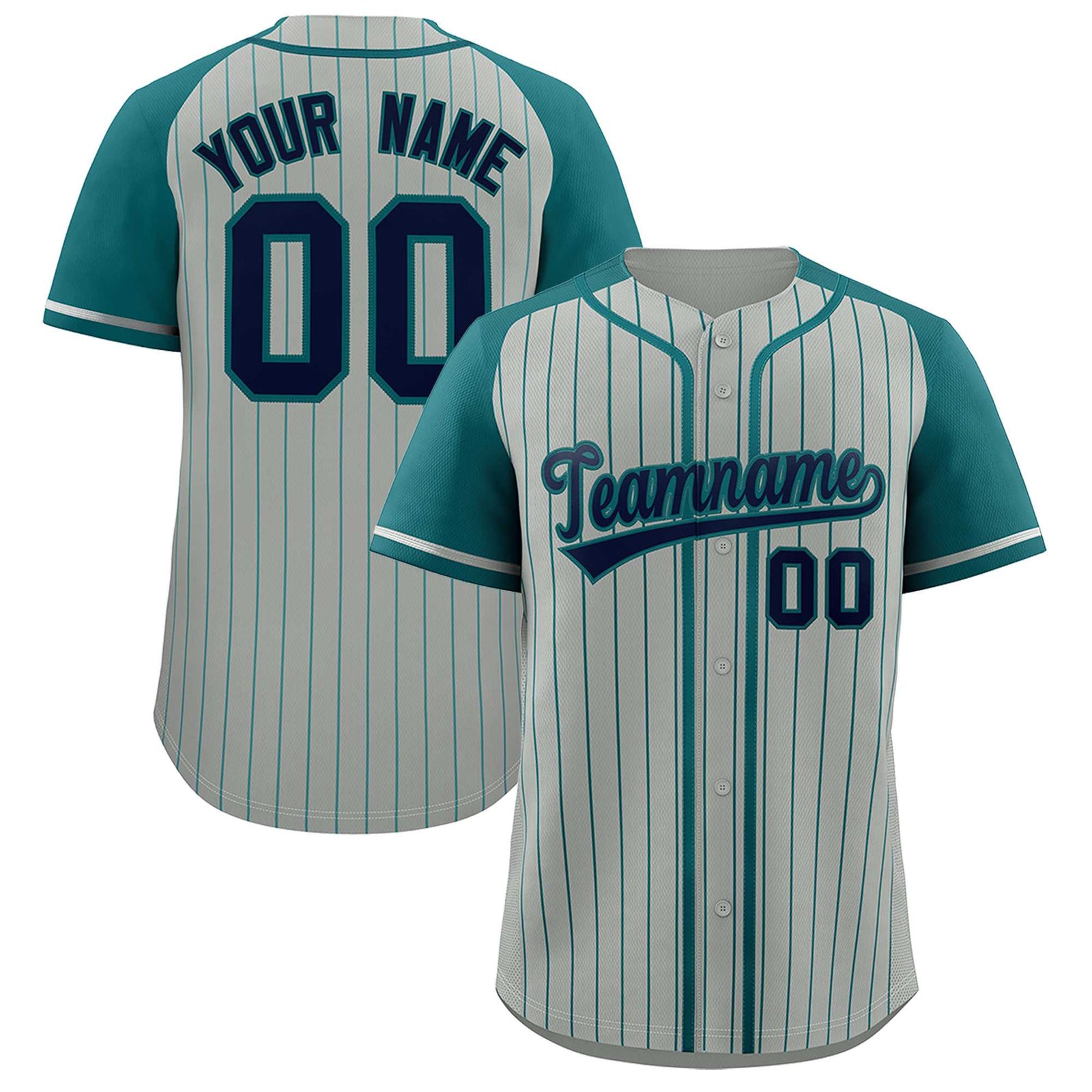 Custom Gray Aqua Stripe Fashion Raglan Sleeves Authentic Baseball Jersey