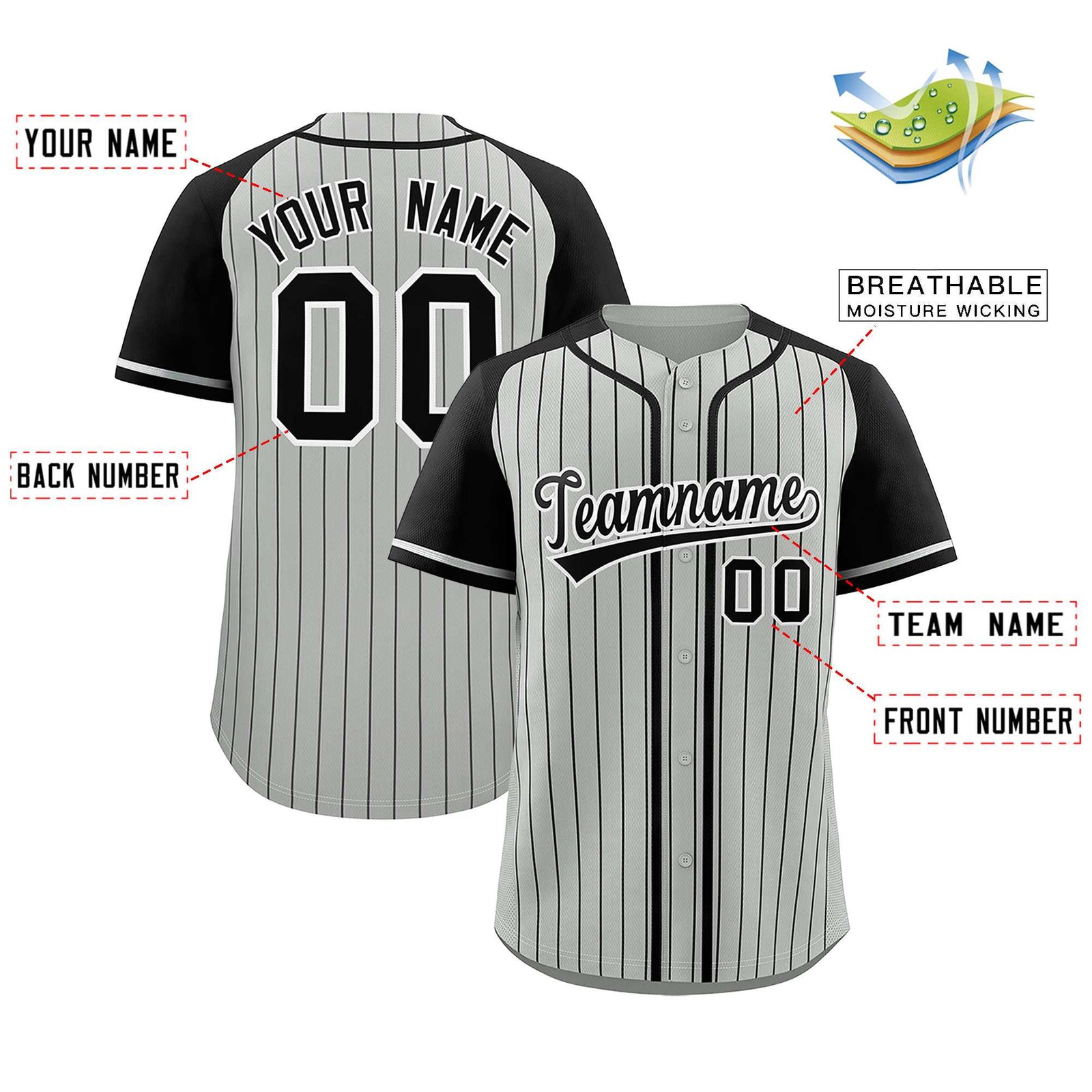 Custom Gray Black Stripe Fashion Raglan Sleeves Authentic Baseball Jersey