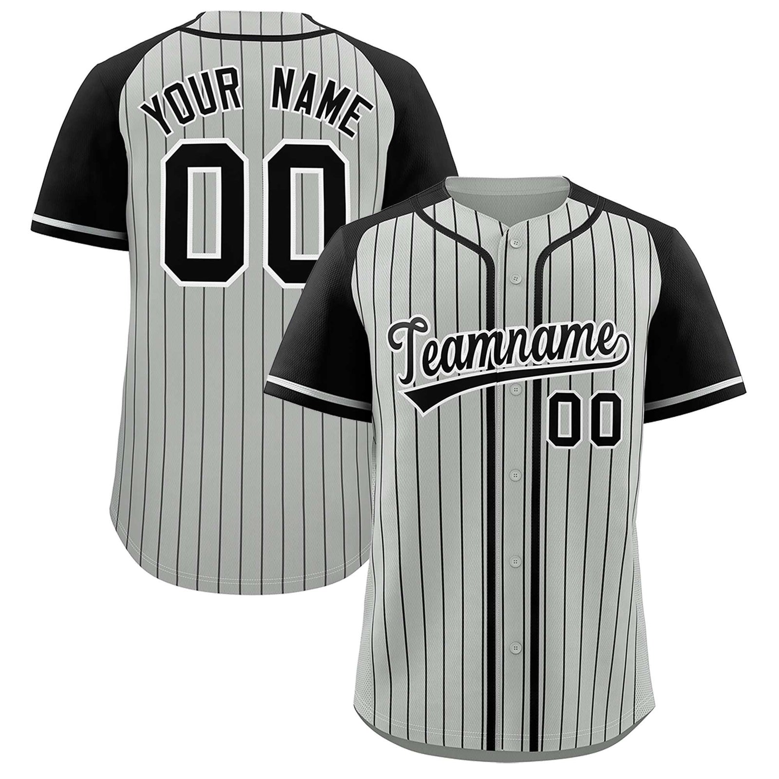 Custom Gray Black Stripe Fashion Raglan Sleeves Authentic Baseball Jersey
