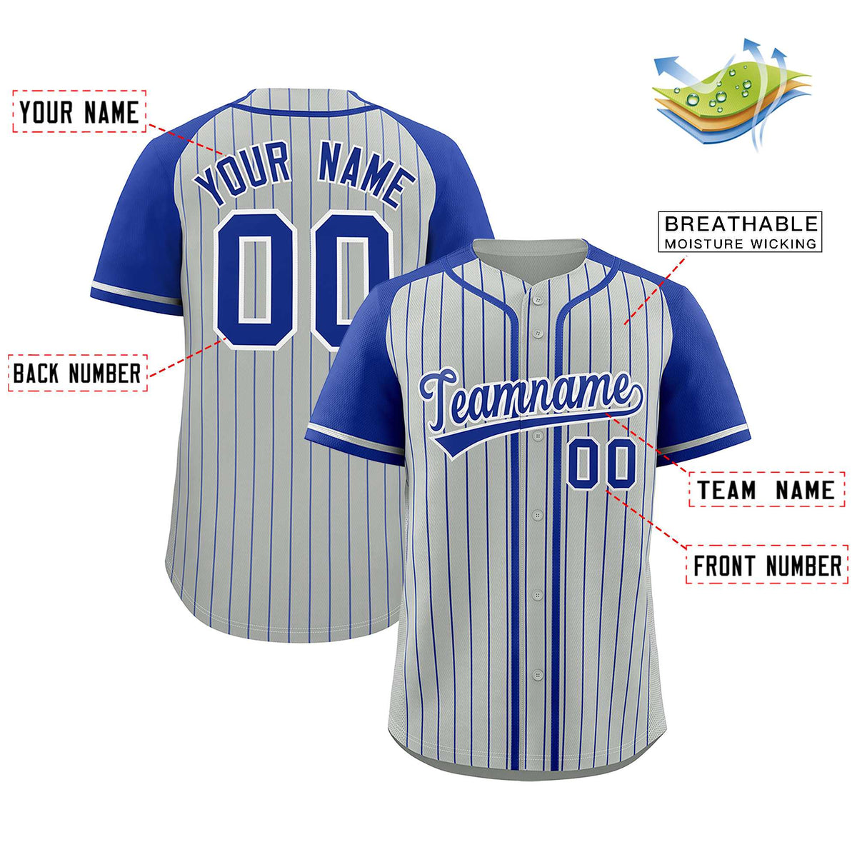 Custom Gray Royal Stripe Fashion Raglan Sleeves Authentic Baseball Jersey