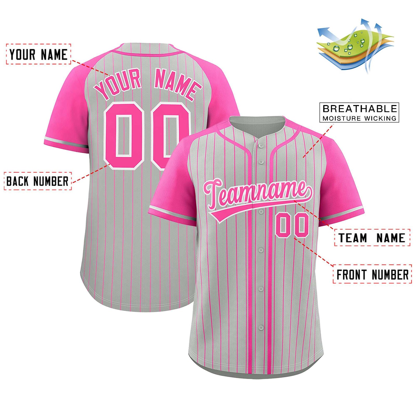 Custom Gray Pink Stripe Fashion Raglan Sleeves Authentic Baseball Jersey