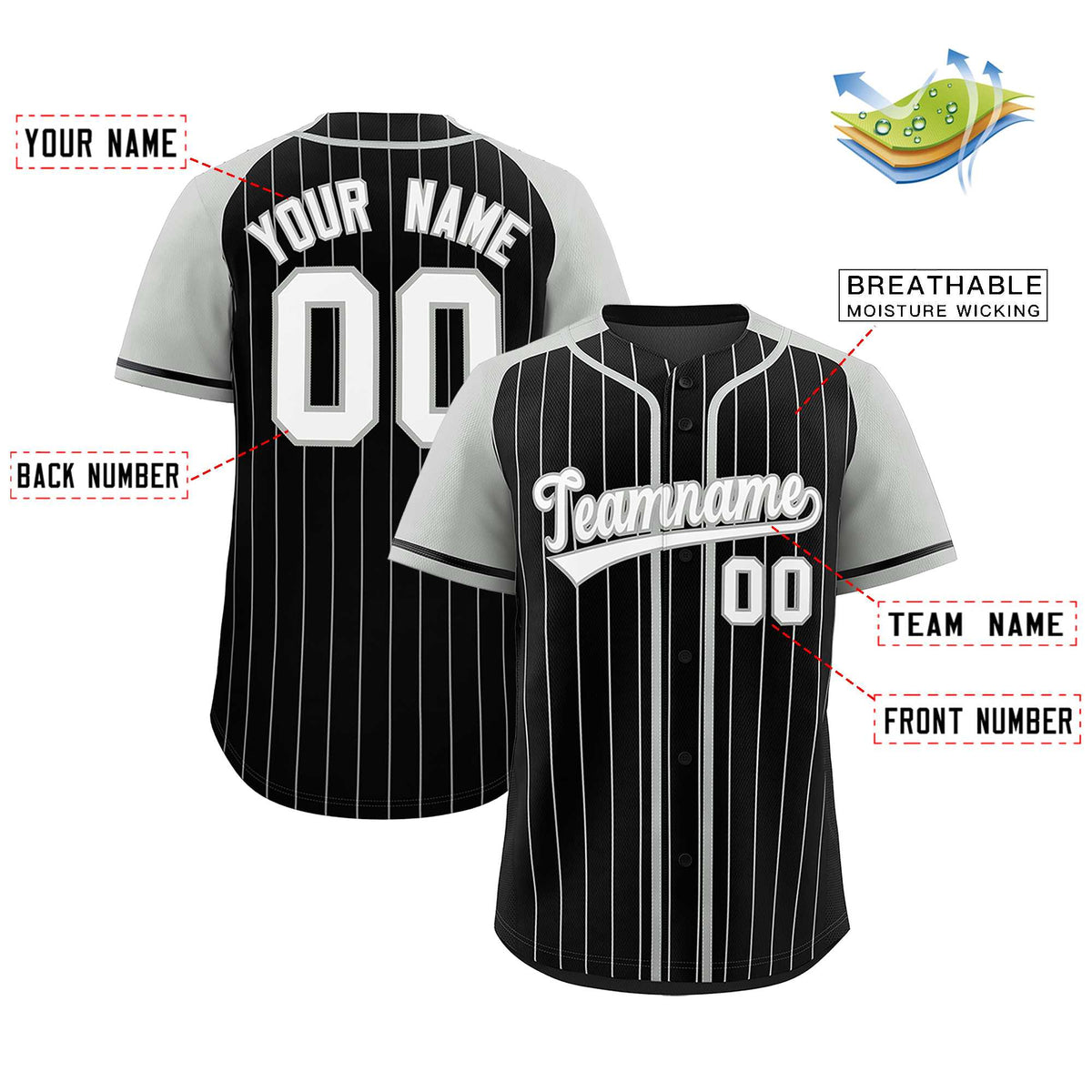 Custom Black Gray Stripe Fashion Raglan Sleeves Authentic Baseball Jersey
