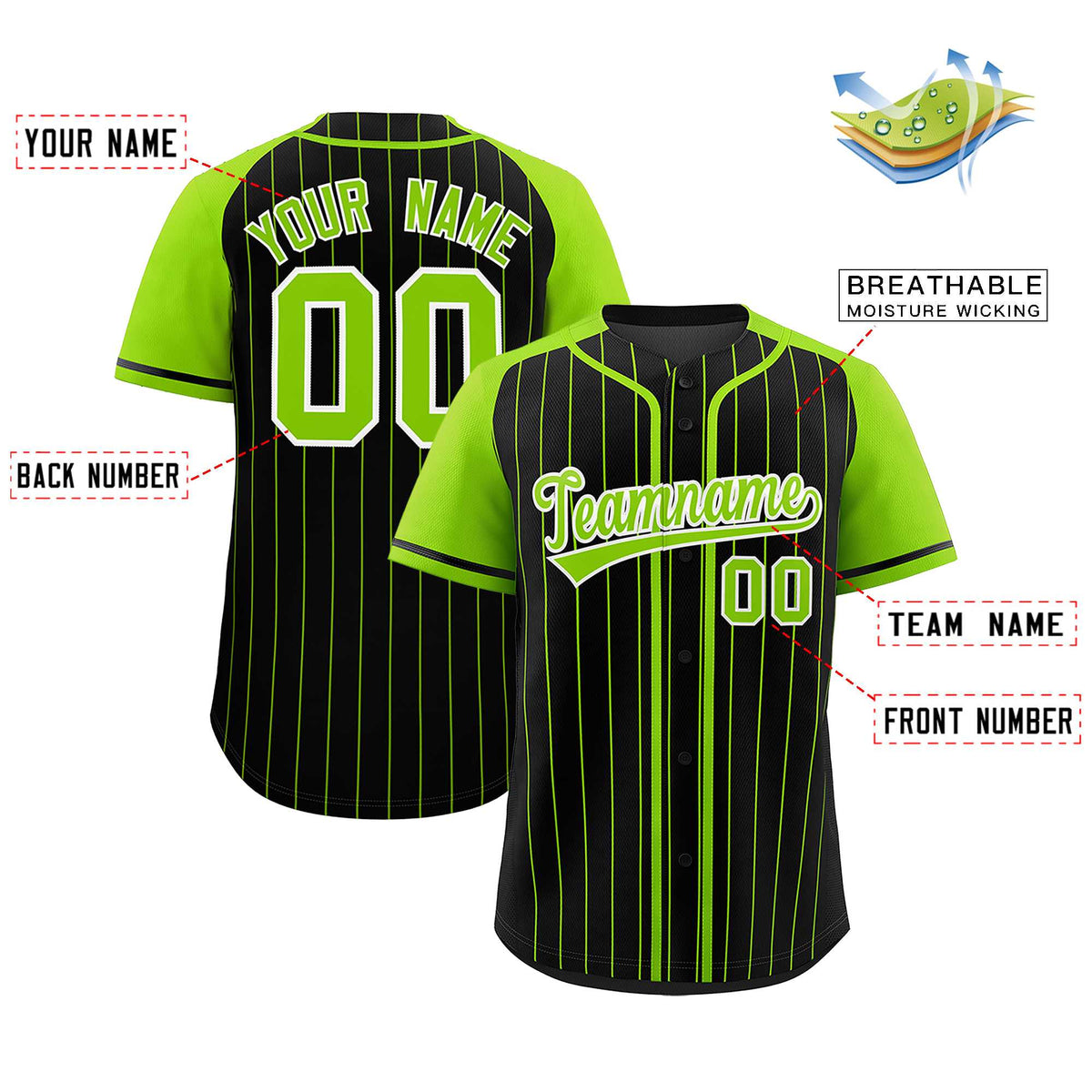Custom Black Neon Green Stripe Fashion Raglan Sleeves Authentic Baseball Jersey