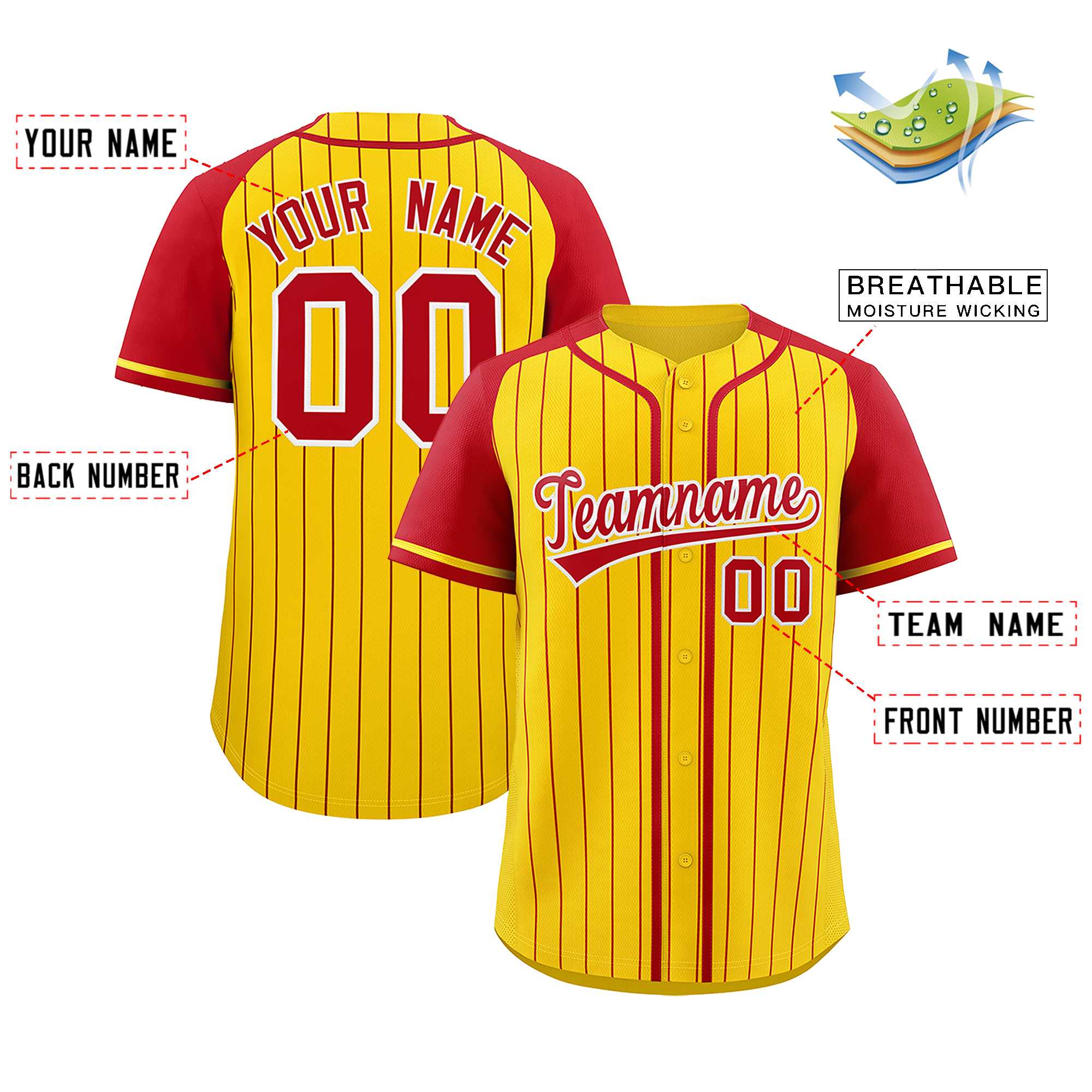 Custom Gold Red Stripe Fashion Raglan Sleeves Authentic Baseball Jersey
