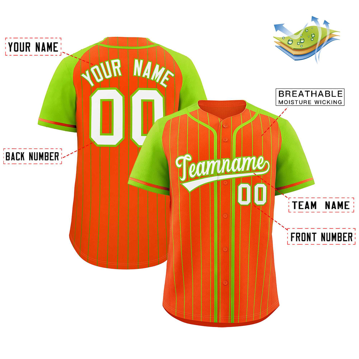 Custom Orange Neon Green Stripe Fashion Raglan Sleeves Authentic Baseball Jersey