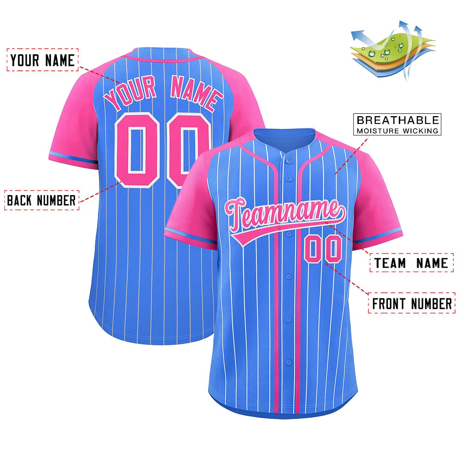 Custom Powder Blue Pink Stripe Fashion Raglan Sleeves Authentic Baseball Jersey