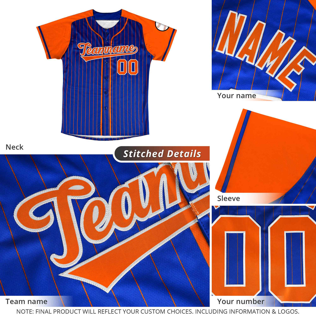 Custom Royal Orange Stripe Fashion Raglan Sleeves Authentic Baseball Jersey