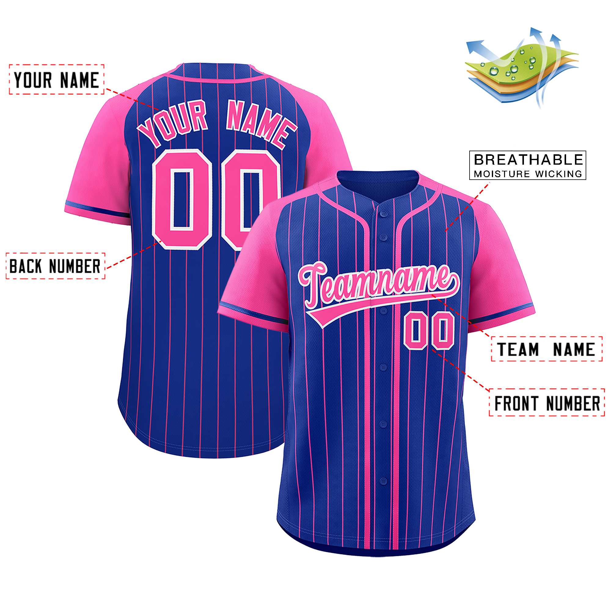 Custom Royal Pink Stripe Fashion Raglan Sleeves Authentic Baseball Jersey