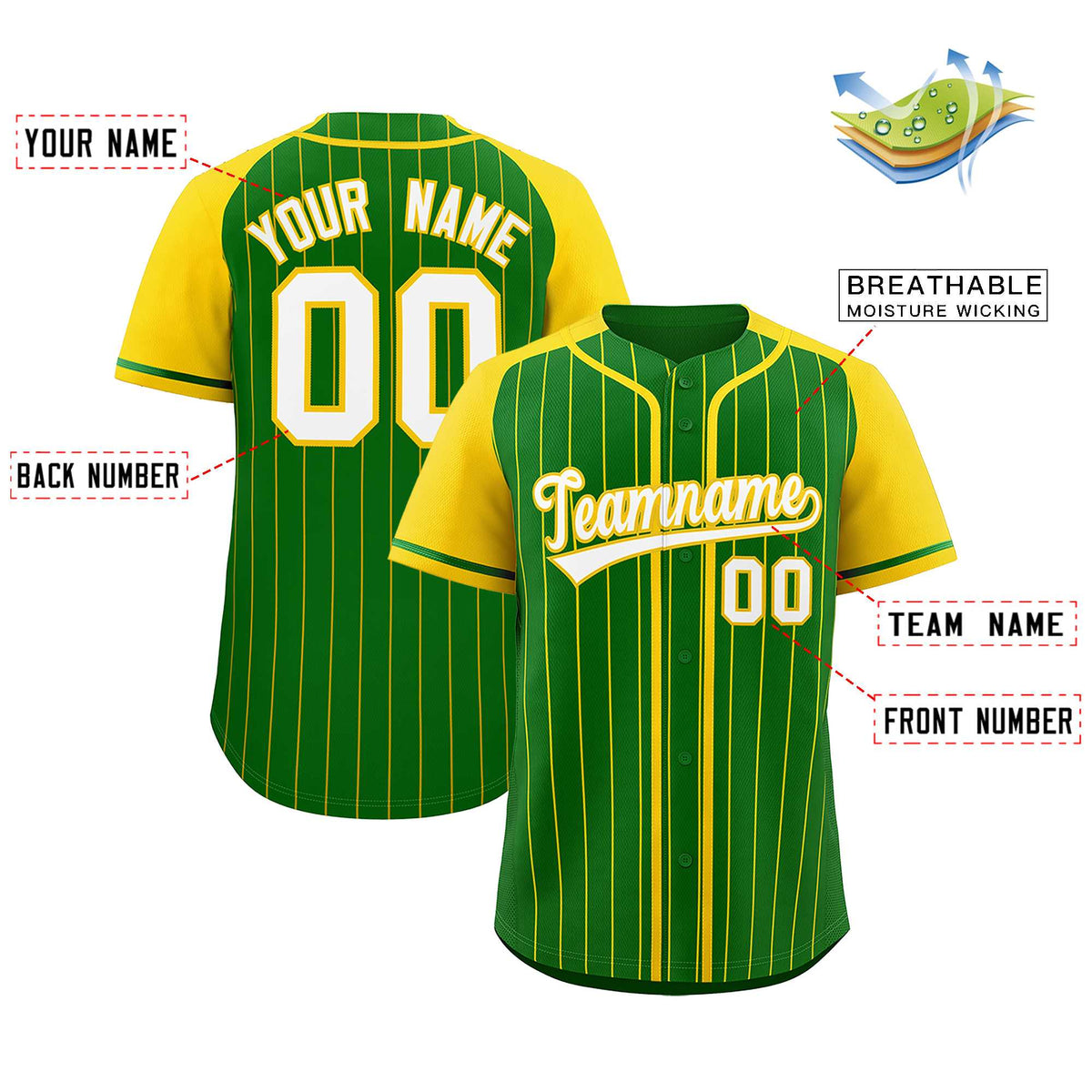 Custom Kelly Green Gold Stripe Fashion Raglan Sleeves Authentic Baseball Jersey