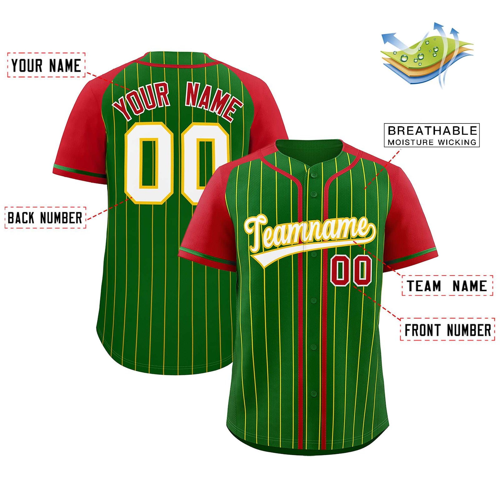 Custom Kelly Green Red Stripe Fashion Raglan Sleeves Authentic Baseball Jersey