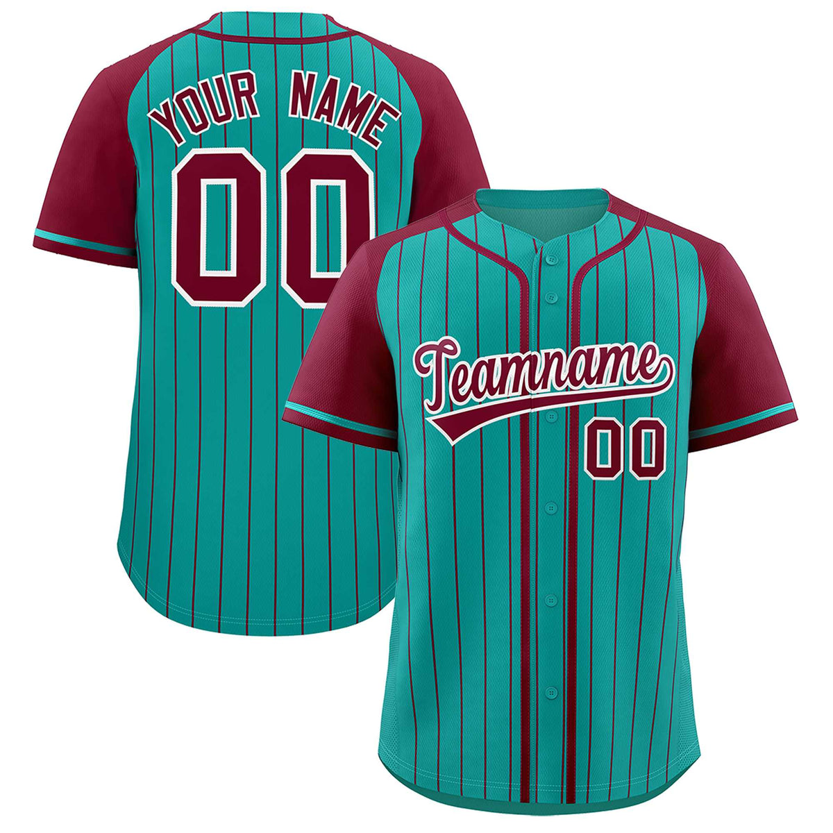 Custom Aqua Crimson Stripe Fashion Raglan Sleeves Authentic Baseball Jersey
