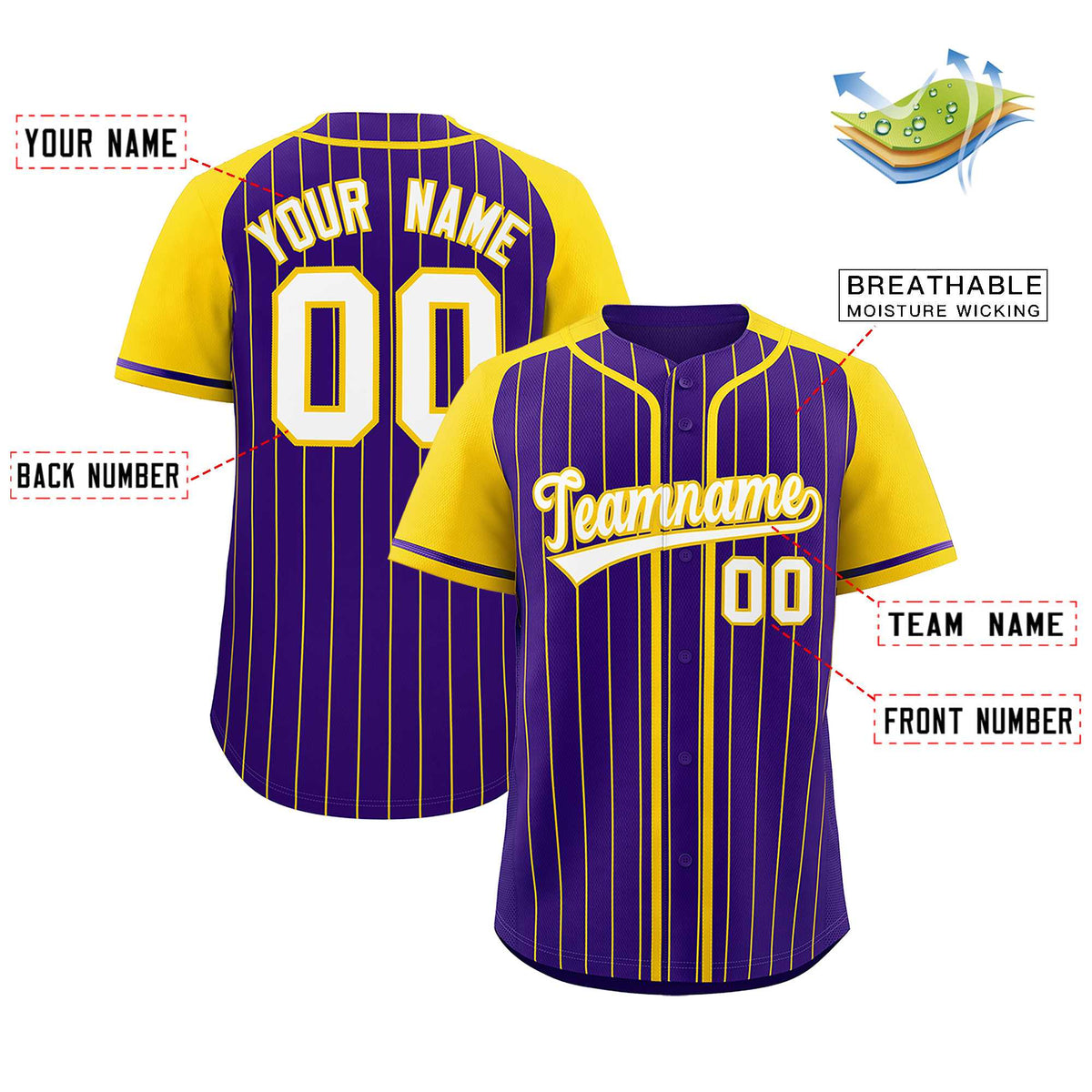 Custom Purple Gold Stripe Fashion Raglan Sleeves Authentic Baseball Jersey