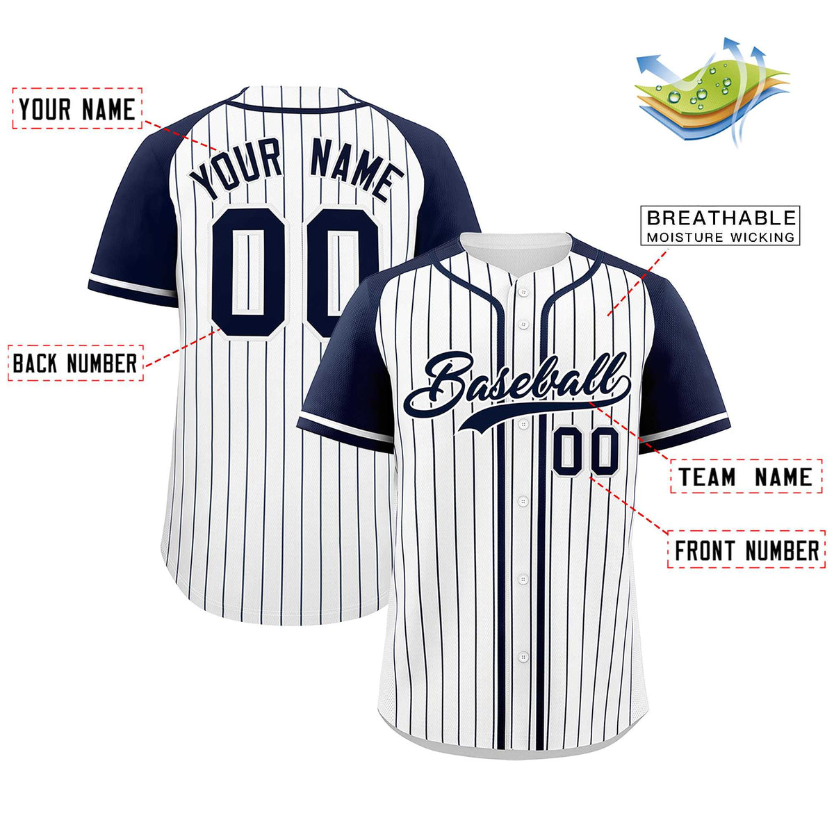 Custom White Navy Stripe Fashion Raglan Sleeves Authentic Baseball Jersey
