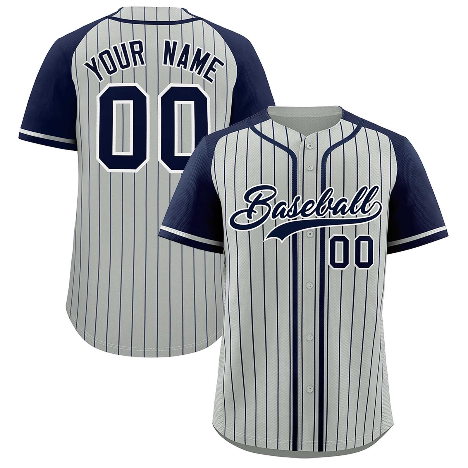 Custom Gray Navy Stripe Fashion Raglan Sleeves Authentic Baseball Jersey