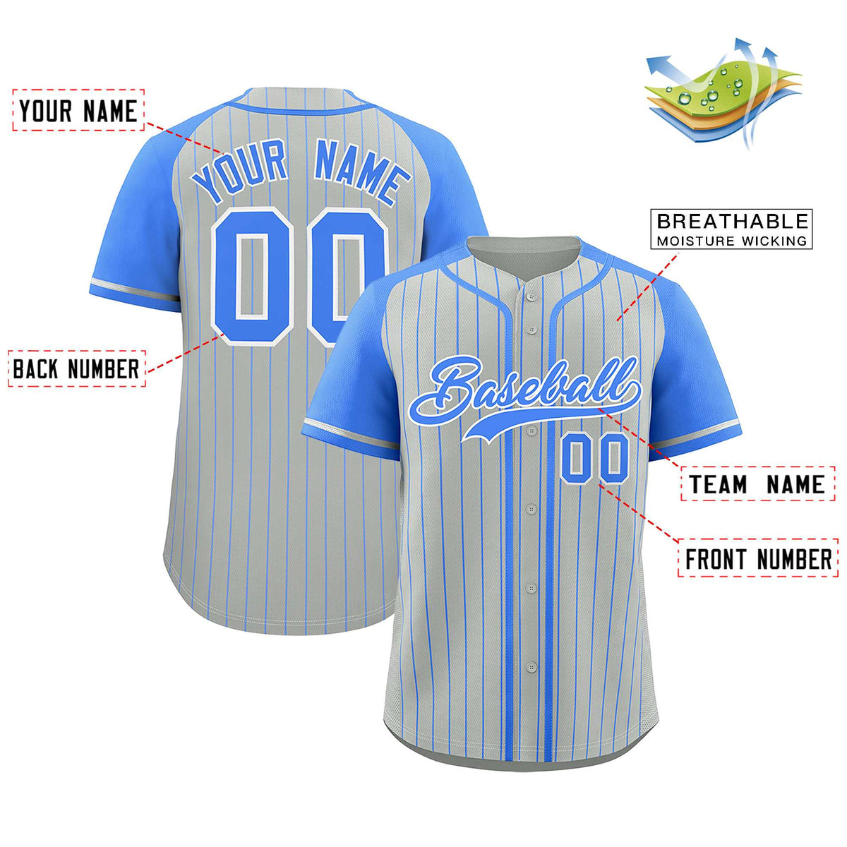 Custom Gray Powder Blue Stripe Fashion Raglan Sleeves Authentic Baseball Jersey
