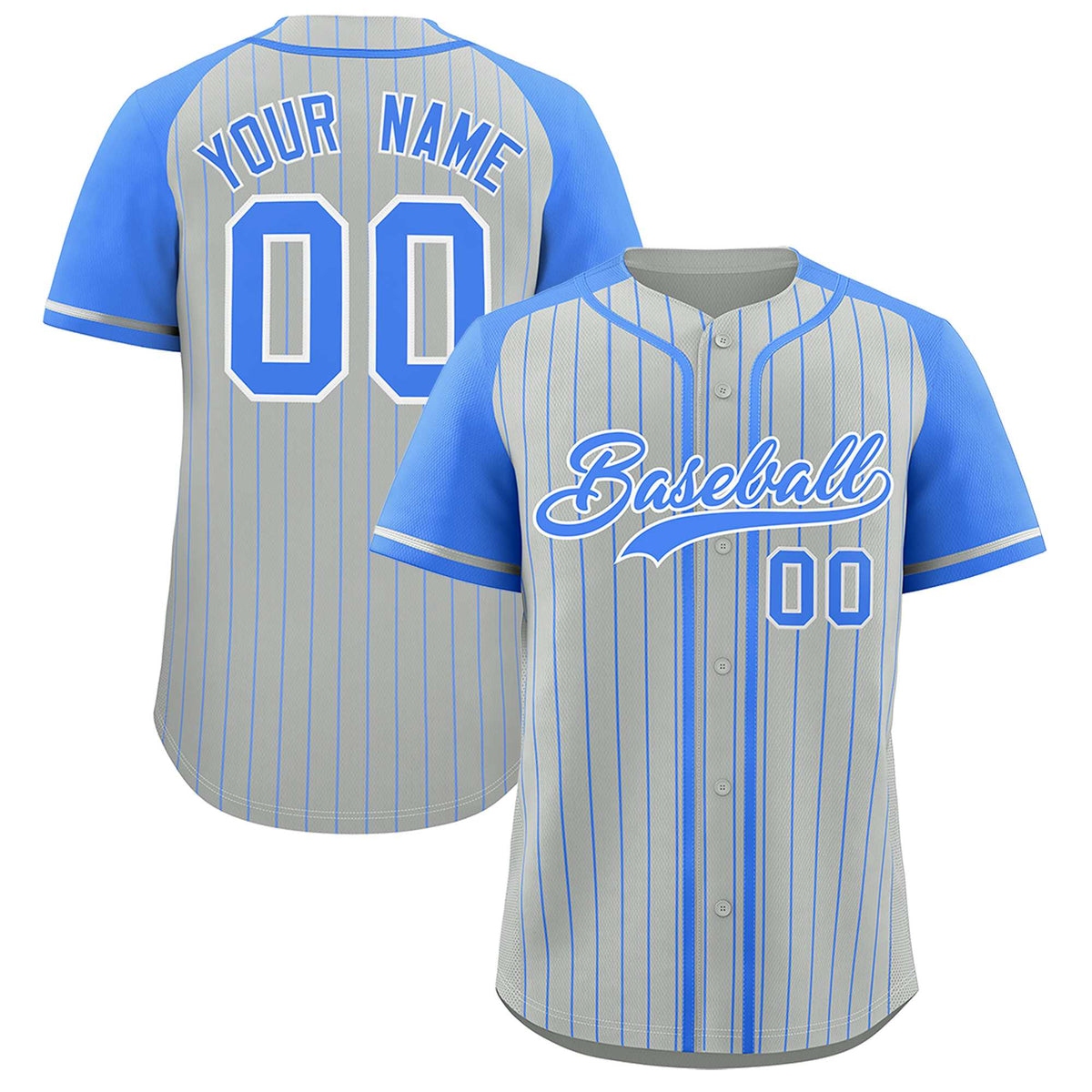 Custom Gray Powder Blue Stripe Fashion Raglan Sleeves Authentic Baseball Jersey