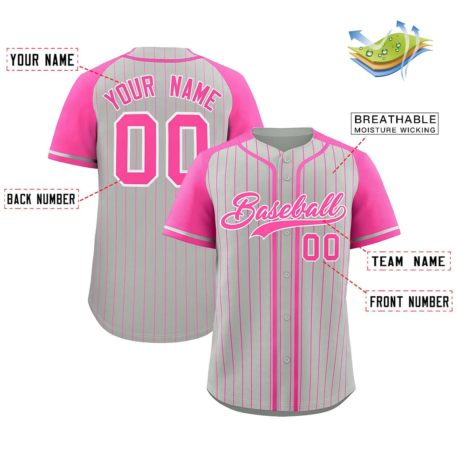 Custom Gray Pink Stripe Fashion Raglan Sleeves Authentic Baseball Jersey