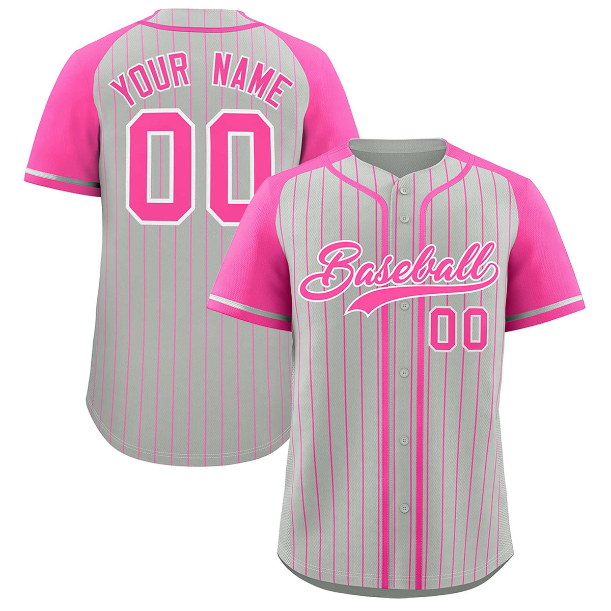 Custom Gray Pink Stripe Fashion Raglan Sleeves Authentic Baseball Jersey
