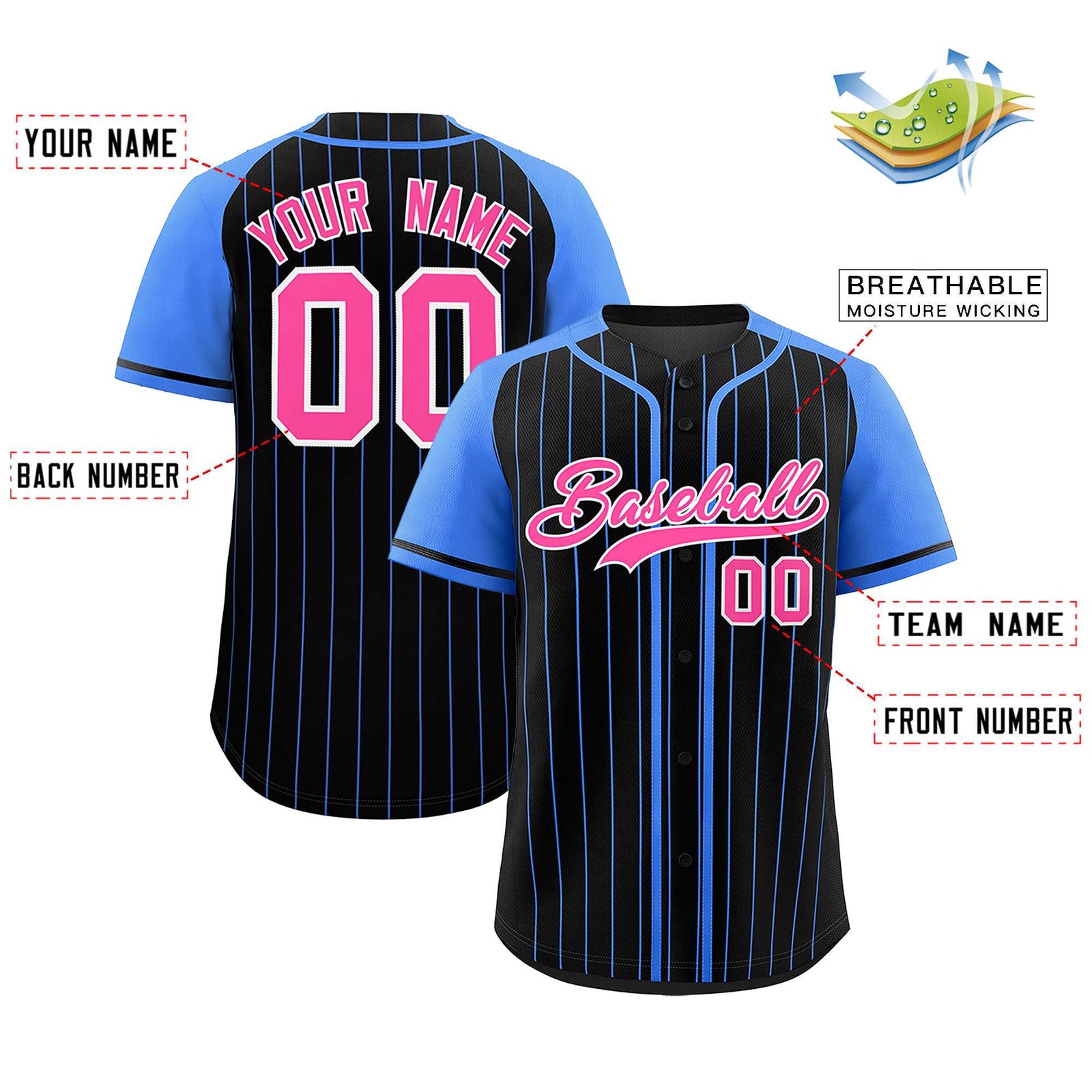 Custom Black Powder Blue Stripe Fashion Raglan Sleeves Authentic Baseball Jersey