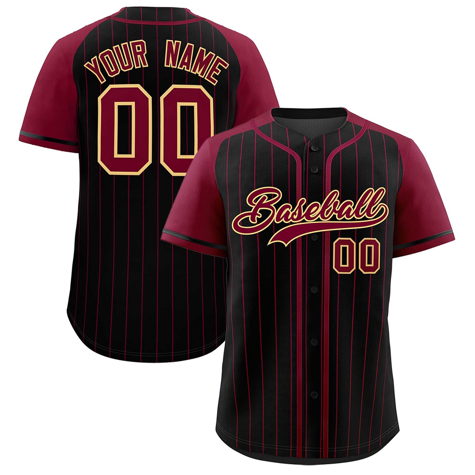 Custom Black Crimson Stripe Fashion Raglan Sleeves Authentic Baseball Jersey