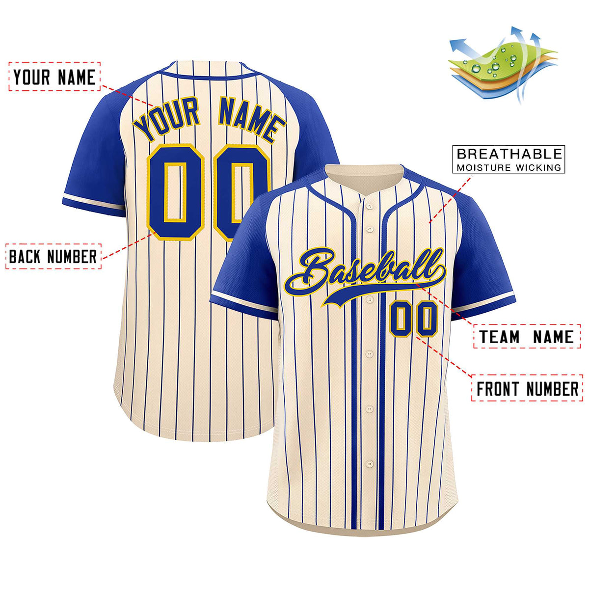 Custom Cream Royal Stripe Fashion Raglan Sleeves Authentic Baseball Jersey