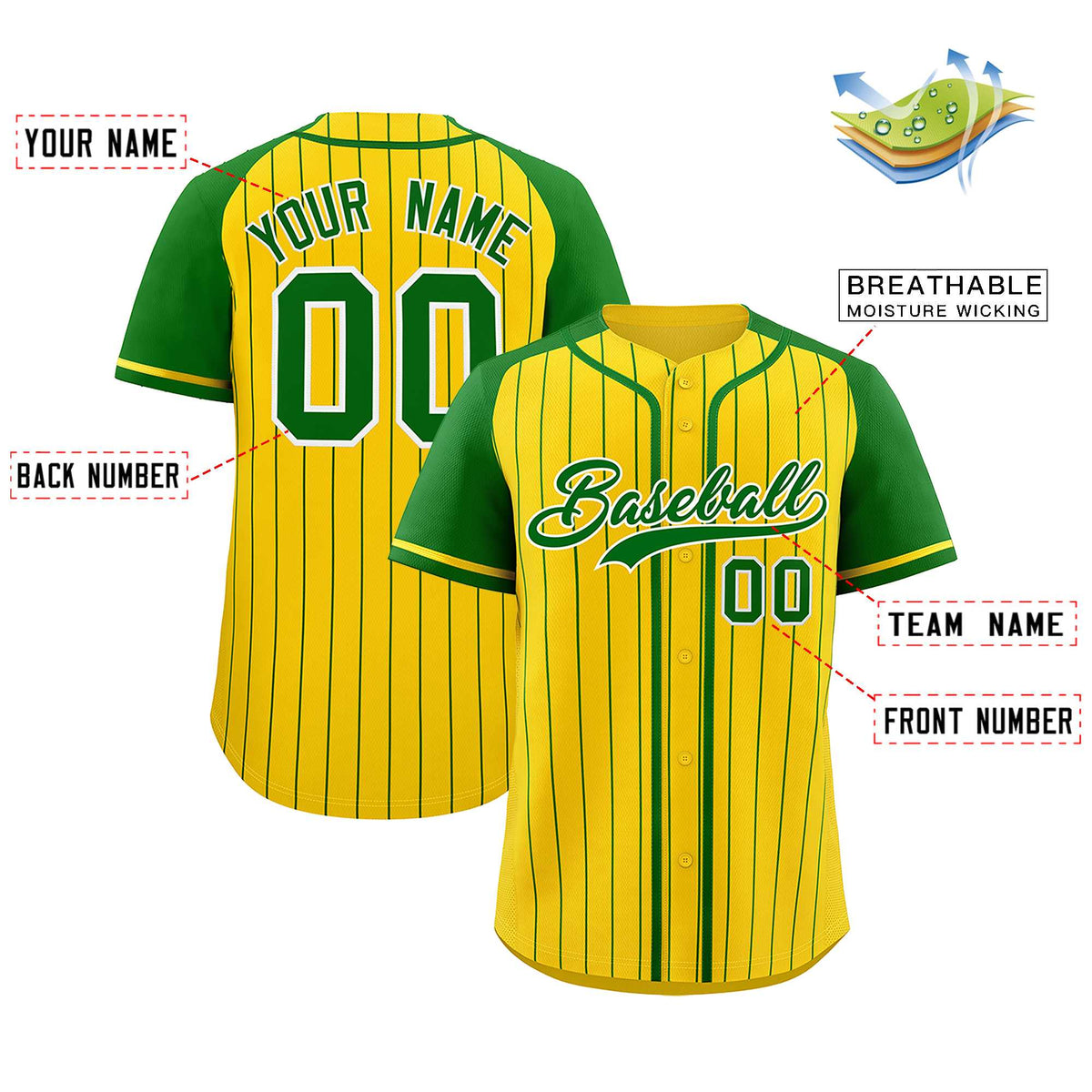 Custom Gold Kelly Green Stripe Fashion Raglan Sleeves Authentic Baseball Jersey