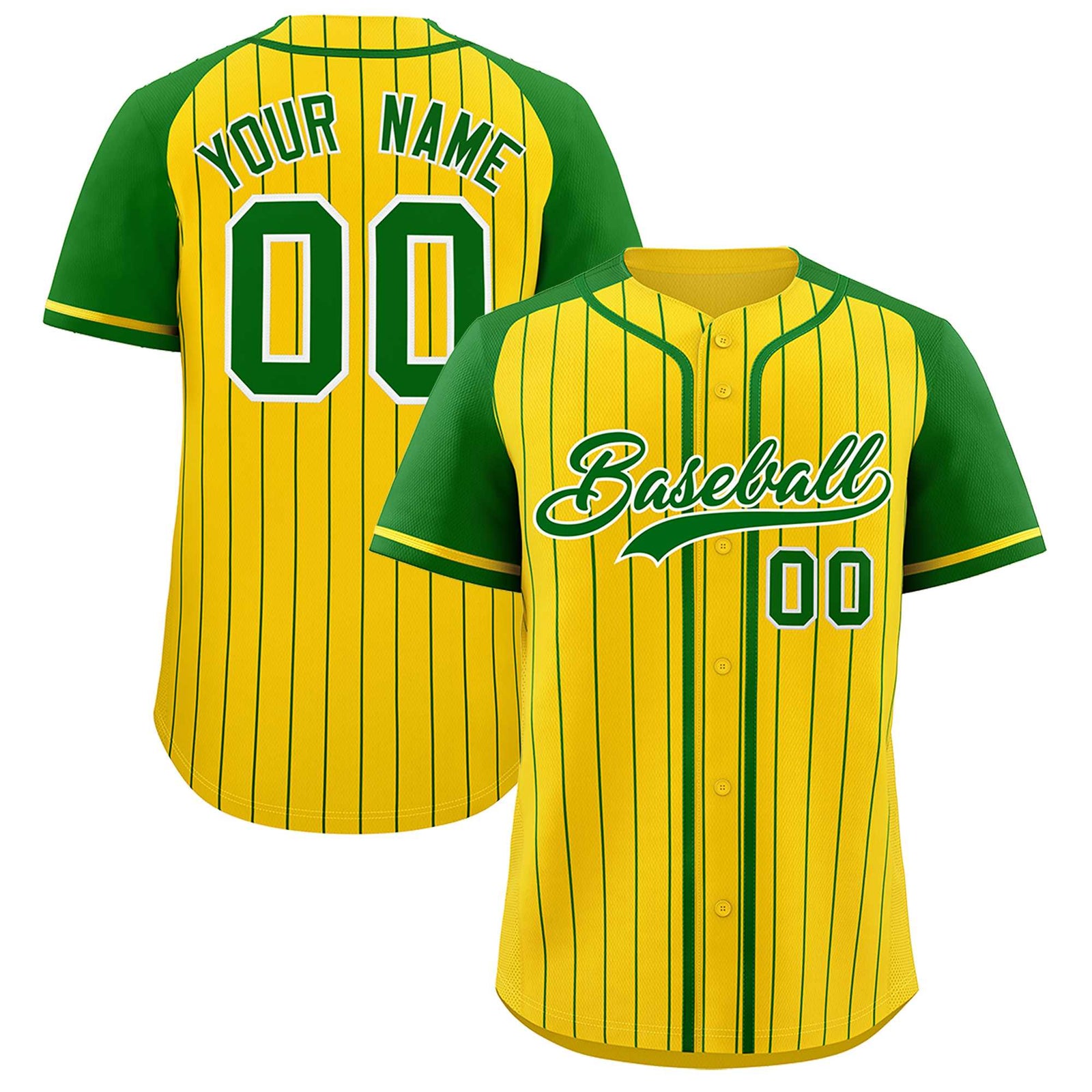 Custom Gold Kelly Green Stripe Fashion Raglan Sleeves Authentic Baseball Jersey