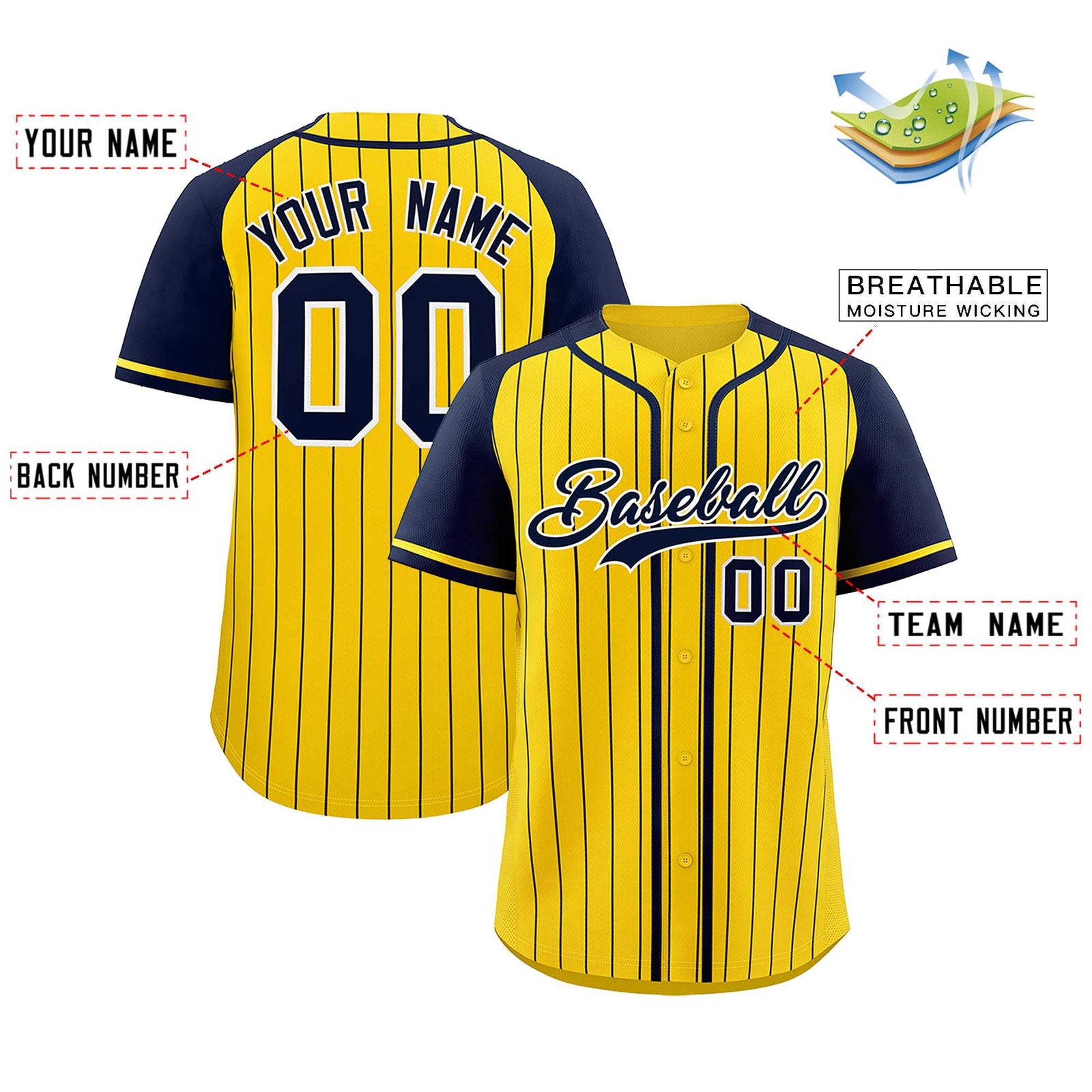 Custom Gold Navy Stripe Fashion Raglan Sleeves Authentic Baseball Jersey