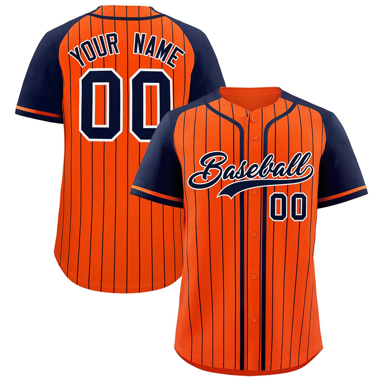 Custom Orange Navy Stripe Fashion Raglan Sleeves Authentic Baseball Jersey