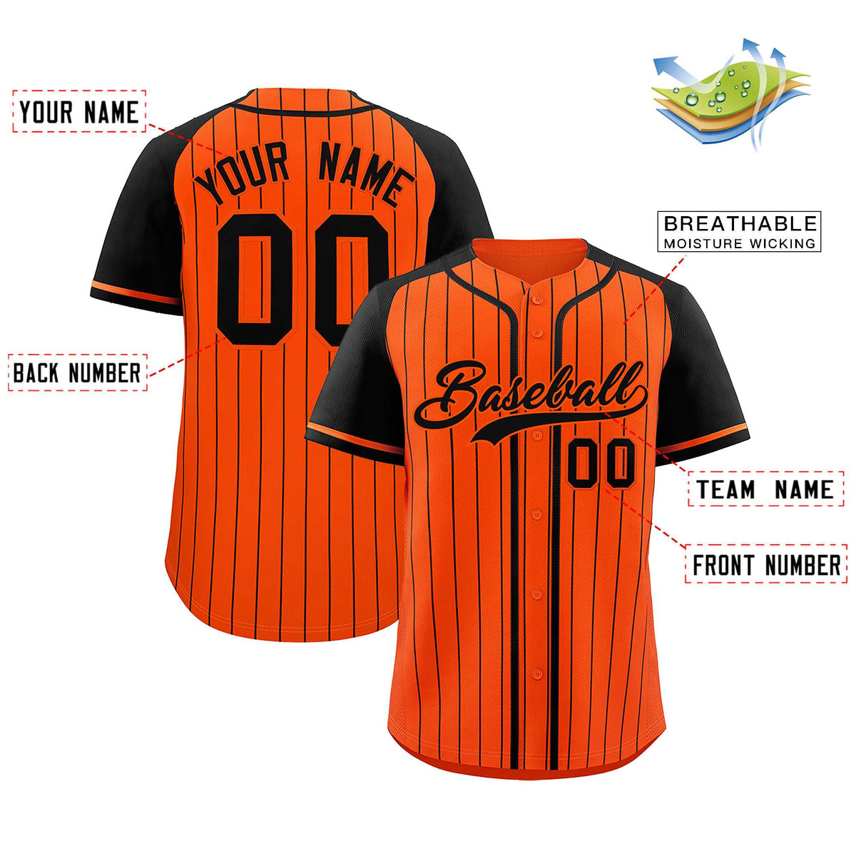 Custom Orange Black Stripe Fashion Raglan Sleeves Authentic Baseball Jersey