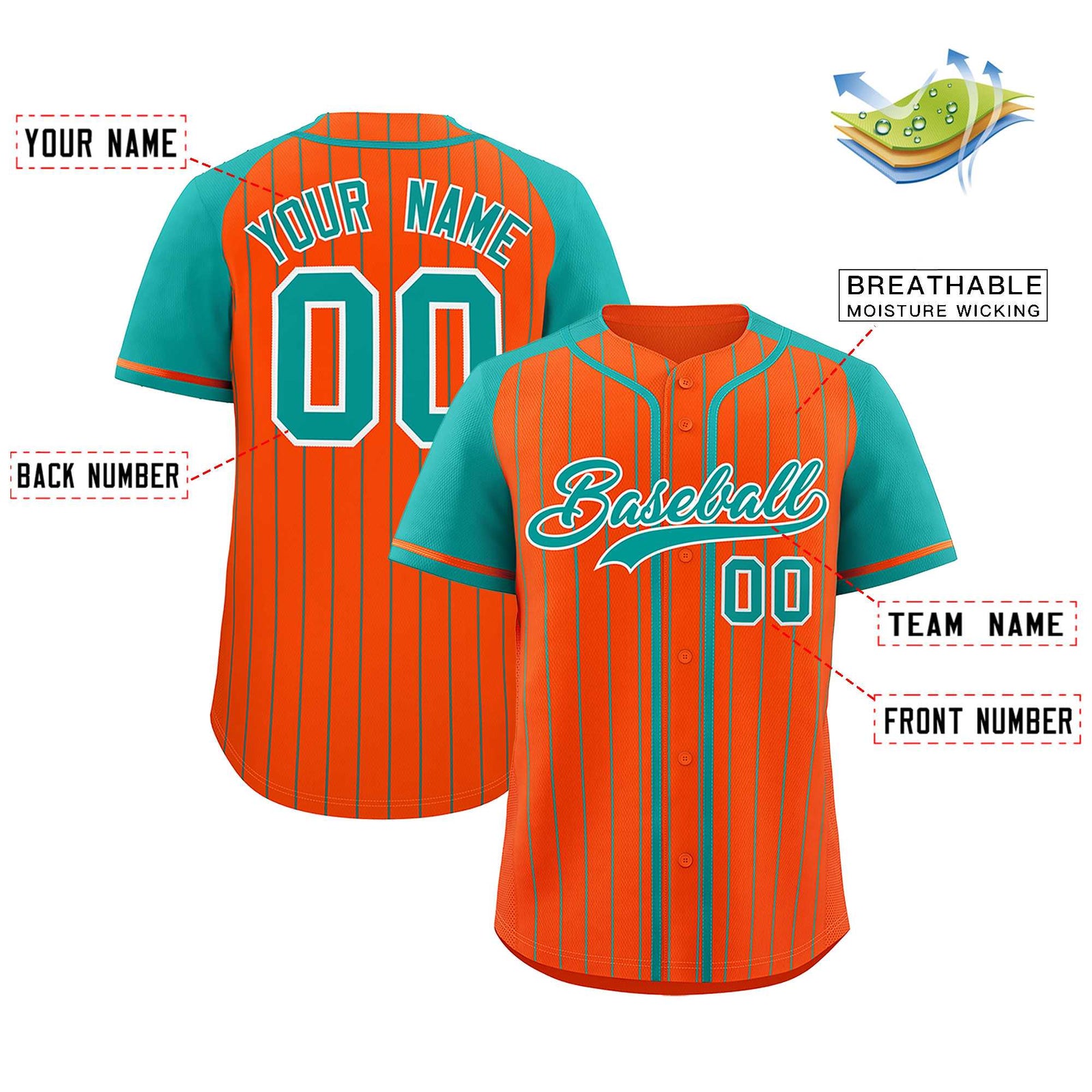 Custom Orange Aqua Stripe Fashion Raglan Sleeves Authentic Baseball Jersey