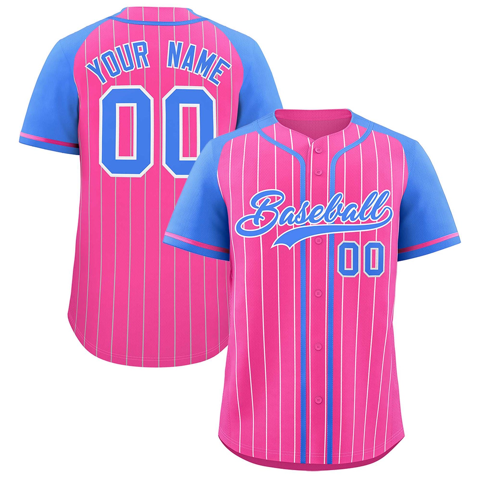 Custom Pink Powder Blue Stripe Fashion Raglan Sleeves Authentic Baseball Jersey