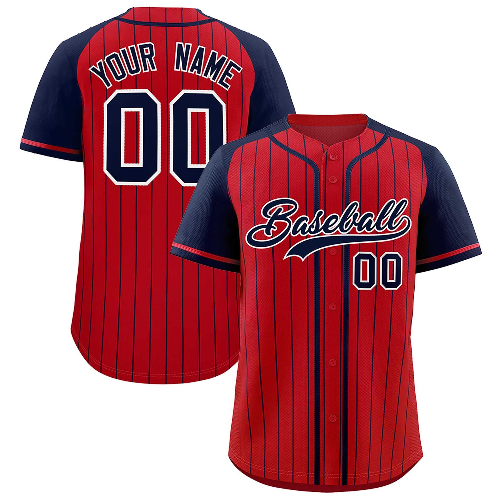Custom Red Navy Stripe Fashion Raglan Sleeves Authentic Baseball Jersey
