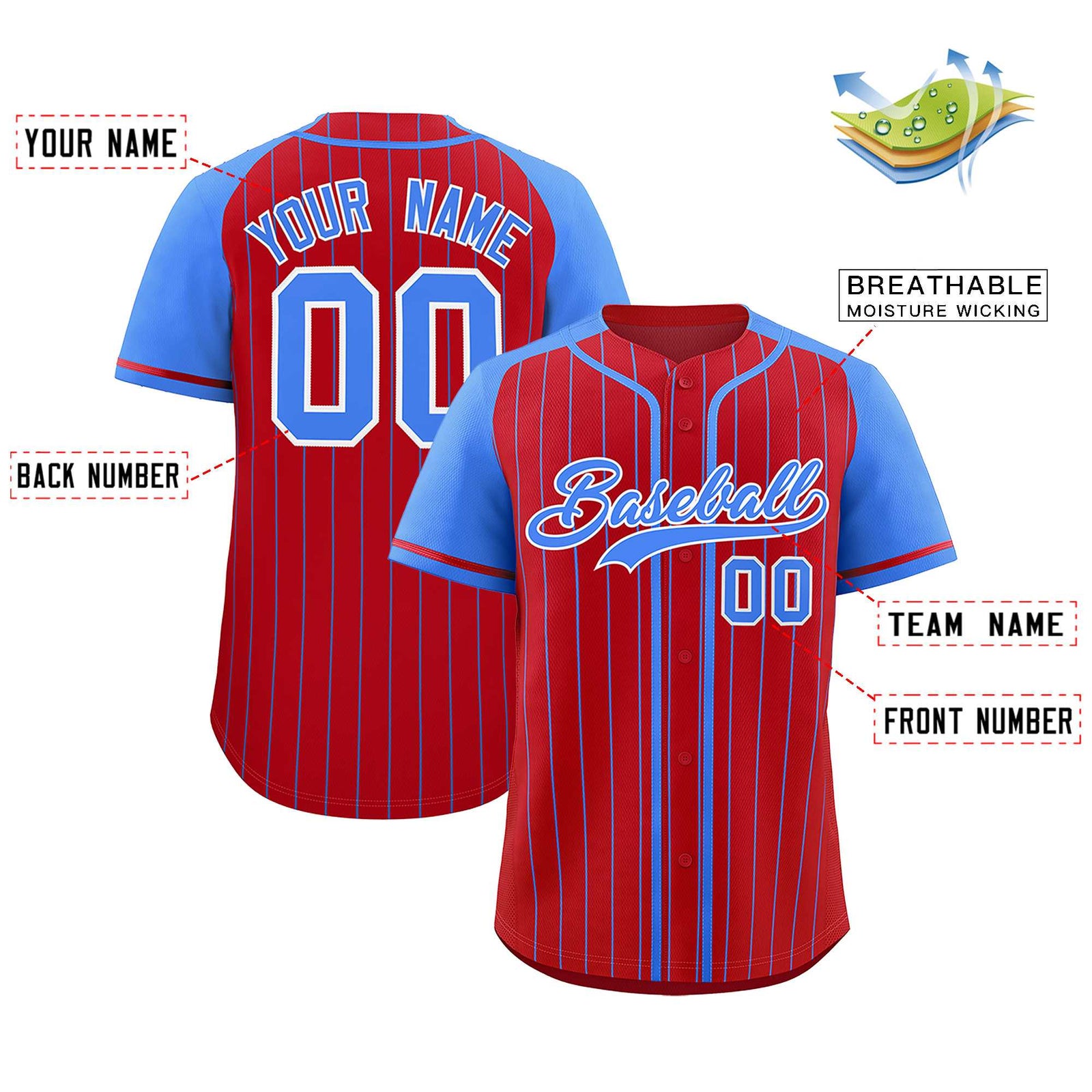Custom Red Powder Blue Stripe Fashion Raglan Sleeves Authentic Baseball Jersey