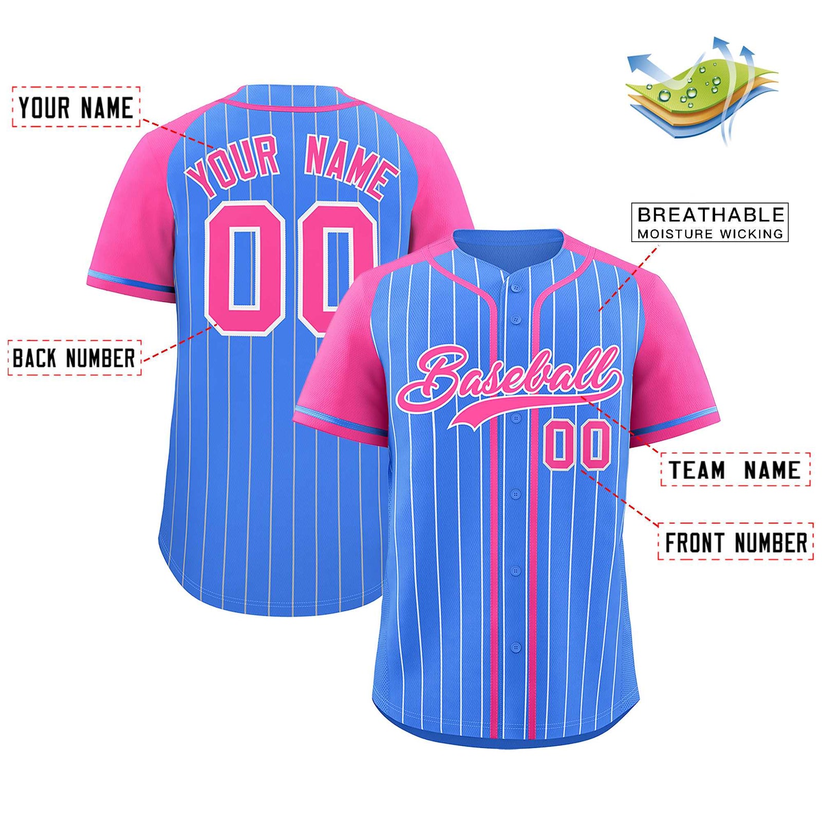 Custom Powder Blue Pink Stripe Fashion Raglan Sleeves Authentic Baseball Jersey