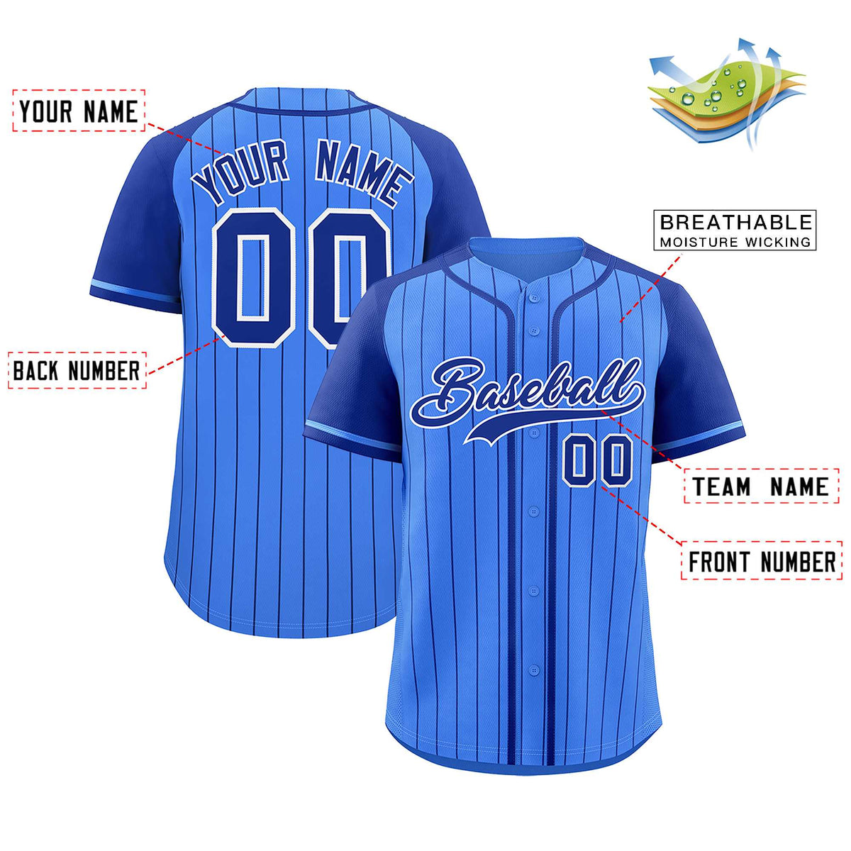 Custom Powder Blue Royal Stripe Fashion Raglan Sleeves Authentic Baseball Jersey
