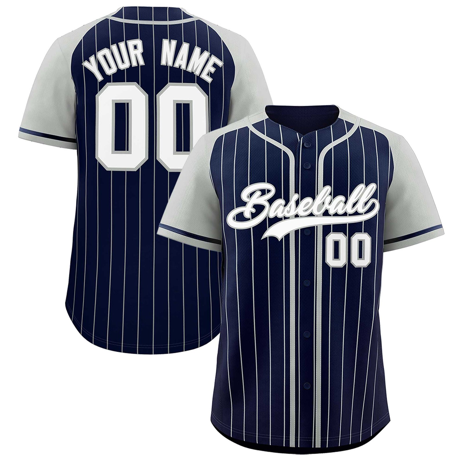 Custom Navy Gray Stripe Fashion Raglan Sleeves Authentic Baseball Jersey
