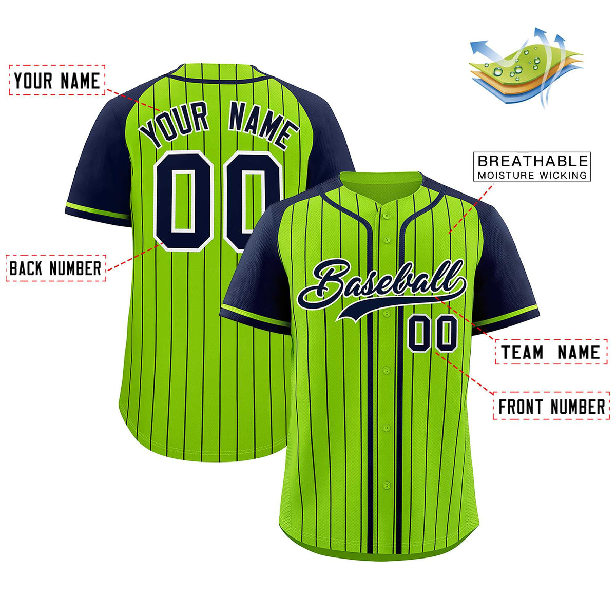 Custom Neon Green Navy Stripe Fashion Raglan Sleeves Authentic Baseball Jersey