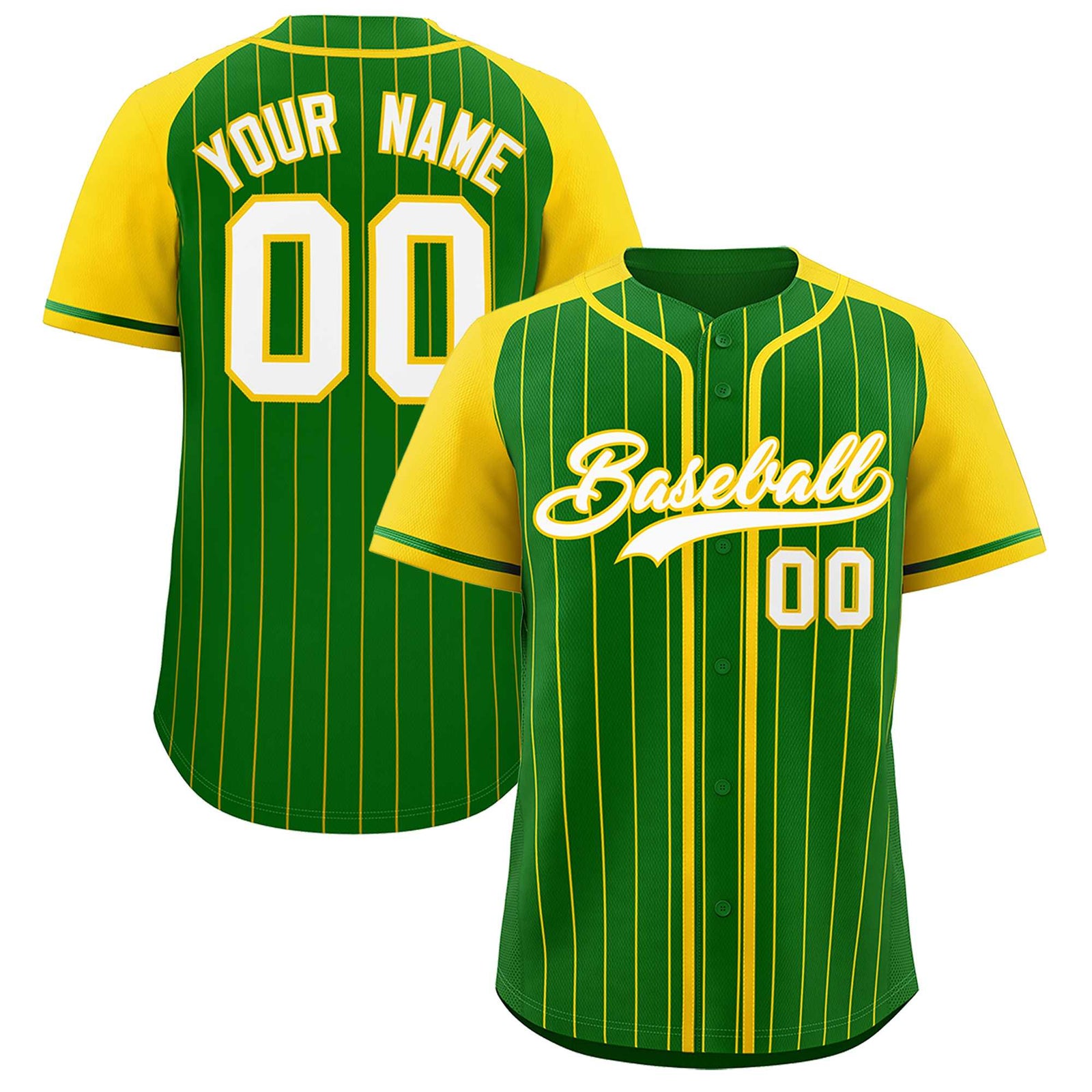 Custom Kelly Green Gold Stripe Fashion Raglan Sleeves Authentic Baseball Jersey