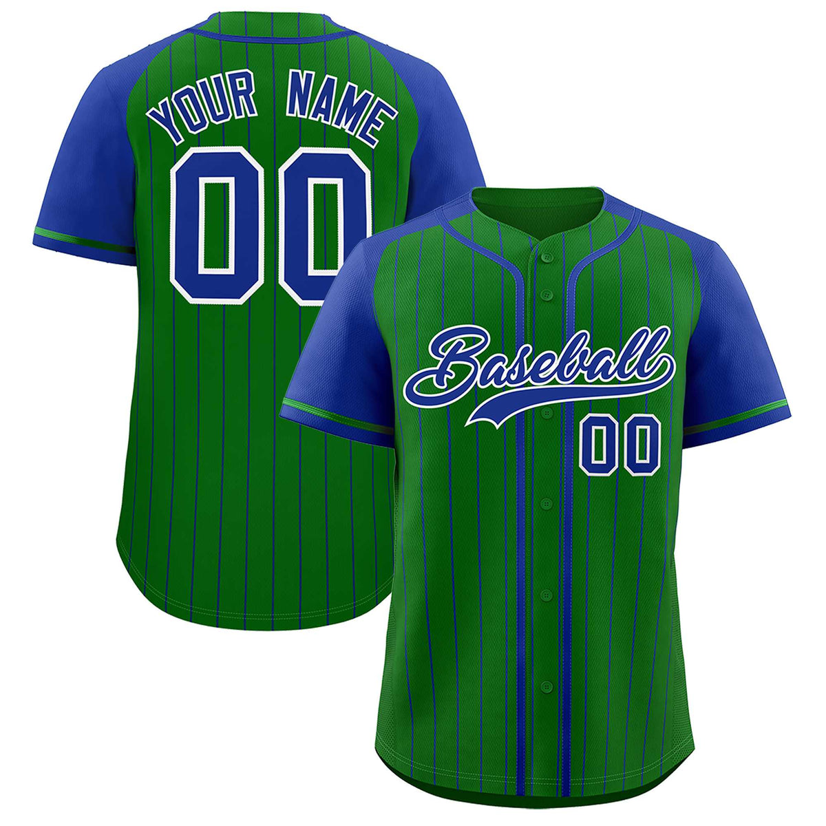 Custom Kelly Green Royal Stripe Fashion Raglan Sleeves Authentic Baseball Jersey