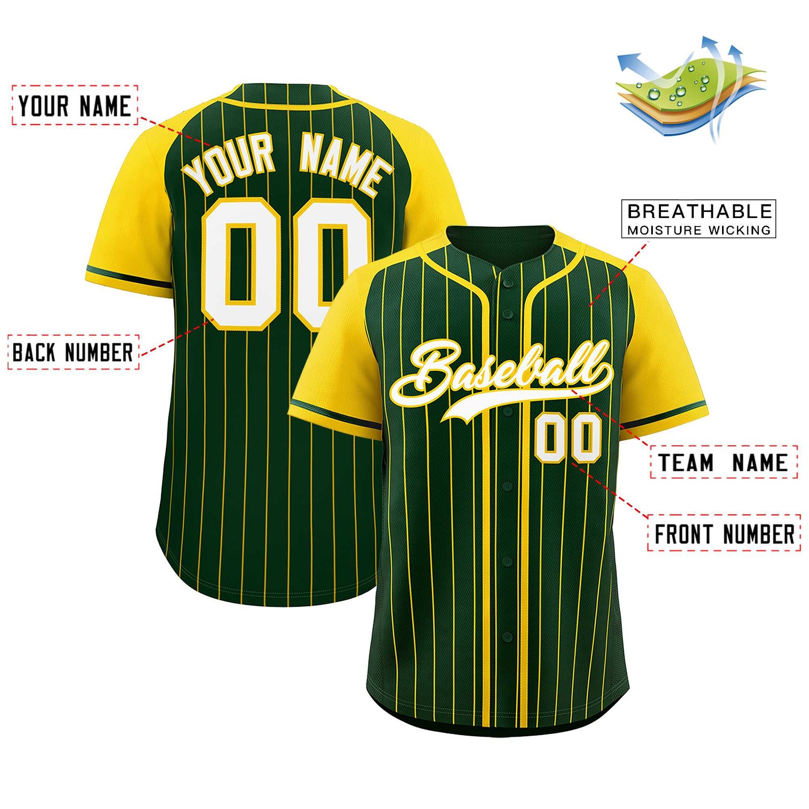 Custom Green Gold Stripe Fashion Raglan Sleeves Authentic Baseball Jersey