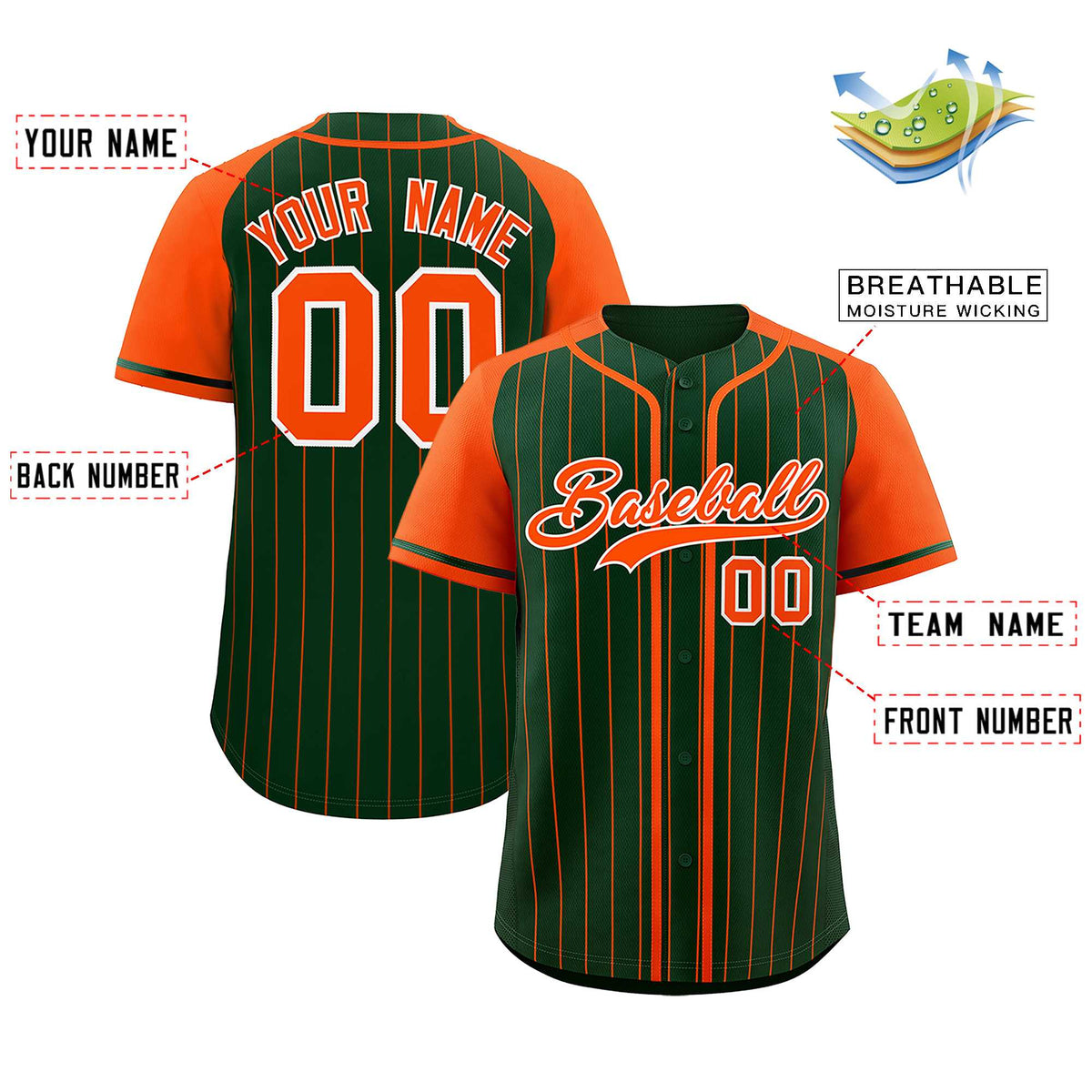 Custom Green Orange Stripe Fashion Raglan Sleeves Authentic Baseball Jersey