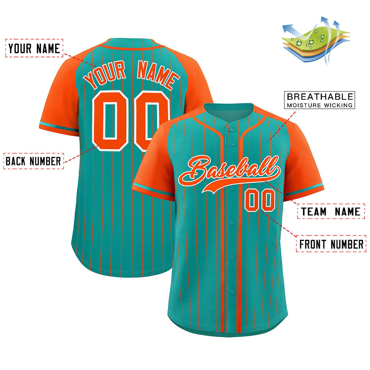 Custom Aqua Orange Stripe Fashion Raglan Sleeves Authentic Baseball Jersey