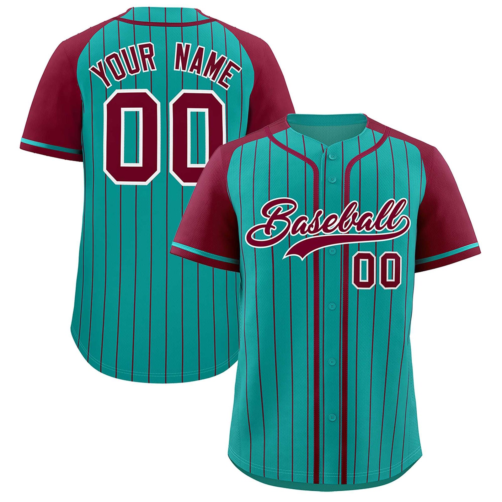 Custom Aqua Crimson Stripe Fashion Raglan Sleeves Authentic Baseball Jersey