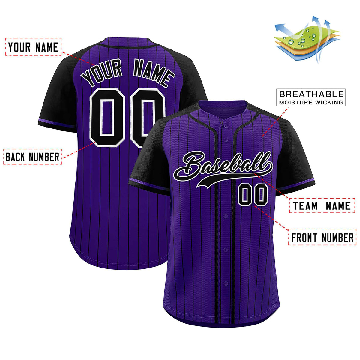 Custom Purple Black Stripe Fashion Raglan Sleeves Authentic Baseball Jersey