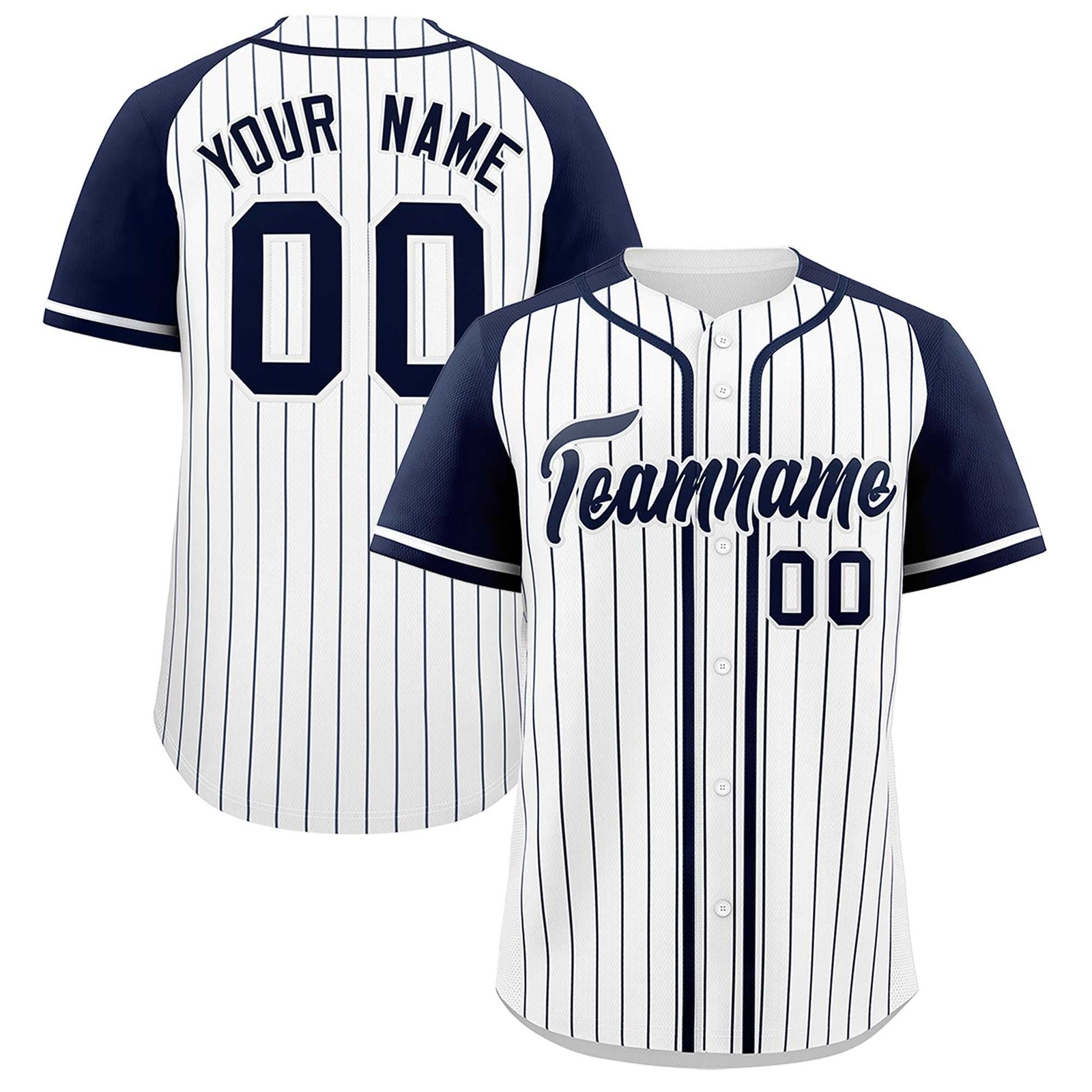 Custom White Navy Stripe Fashion Raglan Sleeves Authentic Baseball Jersey